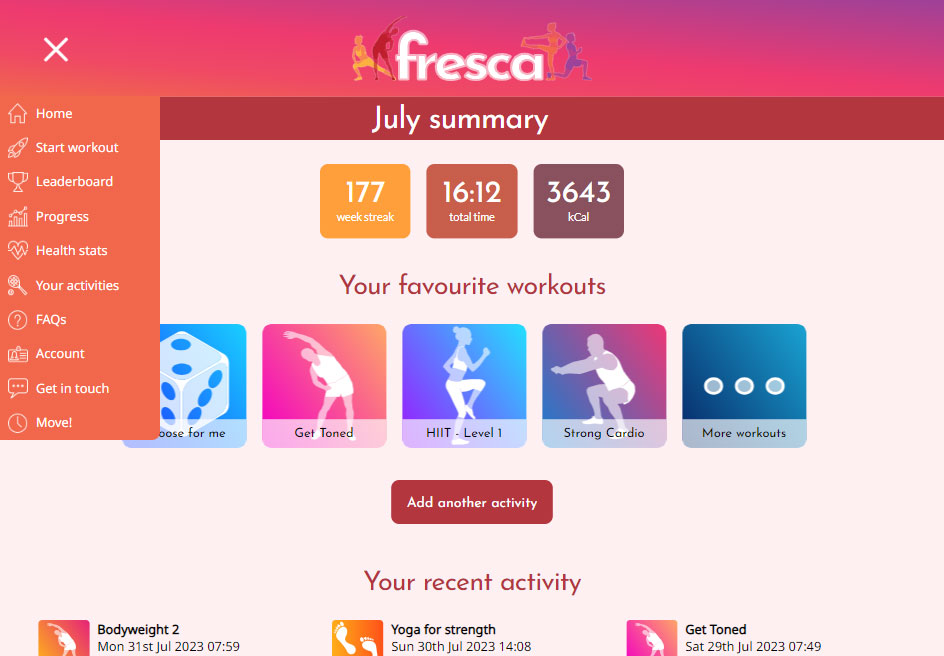 Fresca fitness app dashboard