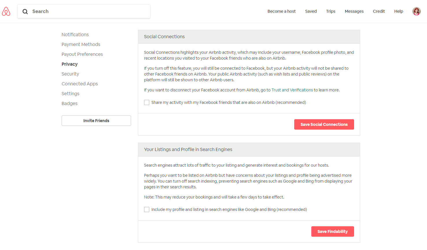 Airbnb account settings with privacy boxes pre-ticked.
