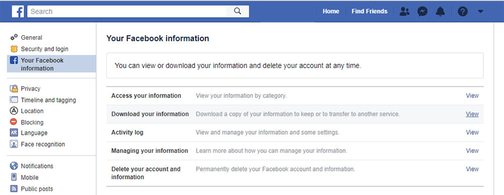Download your Facebook account from your Account settings
